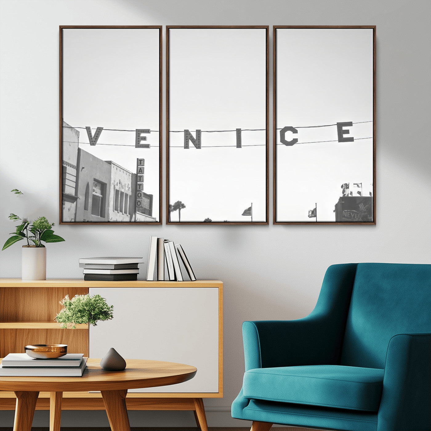 Black and white photo of Venice Beach sign and palm-lined street, perfect for urban coastal or minimalist LA-inspired wall decoration.