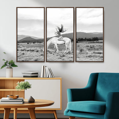 Black and white photo of a woman on a white horse in moody tones, ideal for Western Boho or modern rustic-style home decor.