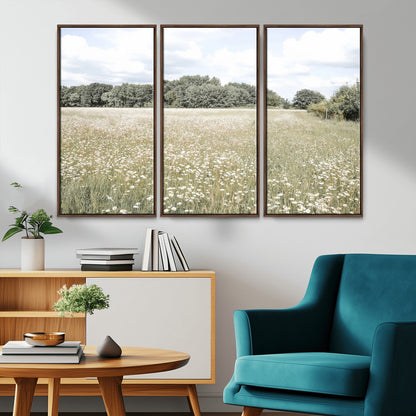 Soft-toned image of a wild daisy field under a cloudy sky, ideal for neutral or Scandinavian-inspired home decor.