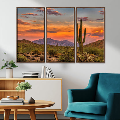 Vibrant desert sunset with saguaro cacti and distant mountains, perfect for Southwestern or warm-toned home decor.