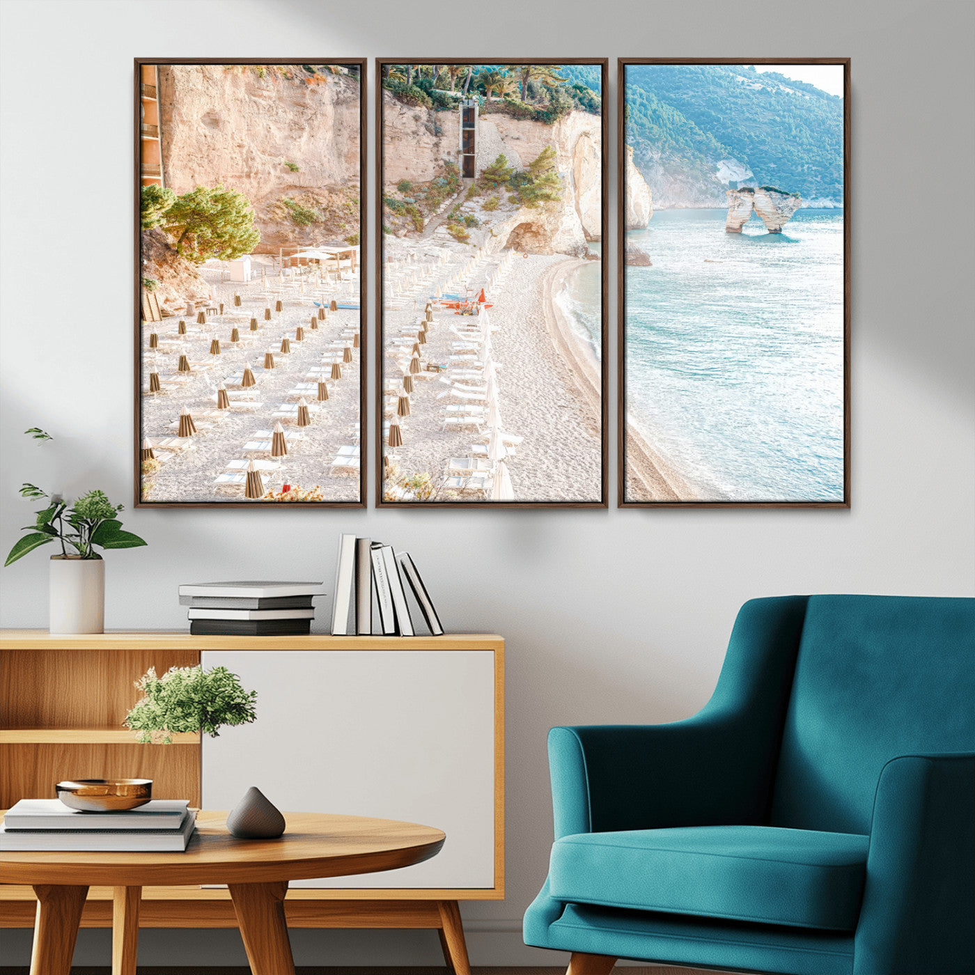 Wall art of a calm Mediterranean beach with rows of sun loungers and umbrellas in soft pastel tones, perfect for light coastal or vacation-themed decor.