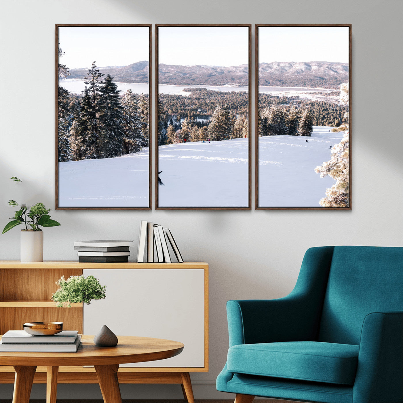 Canvas of a snowy mountain ski slope with pine trees and bright winter light, ideal for modern rustic or alpine-inspired home decor.
