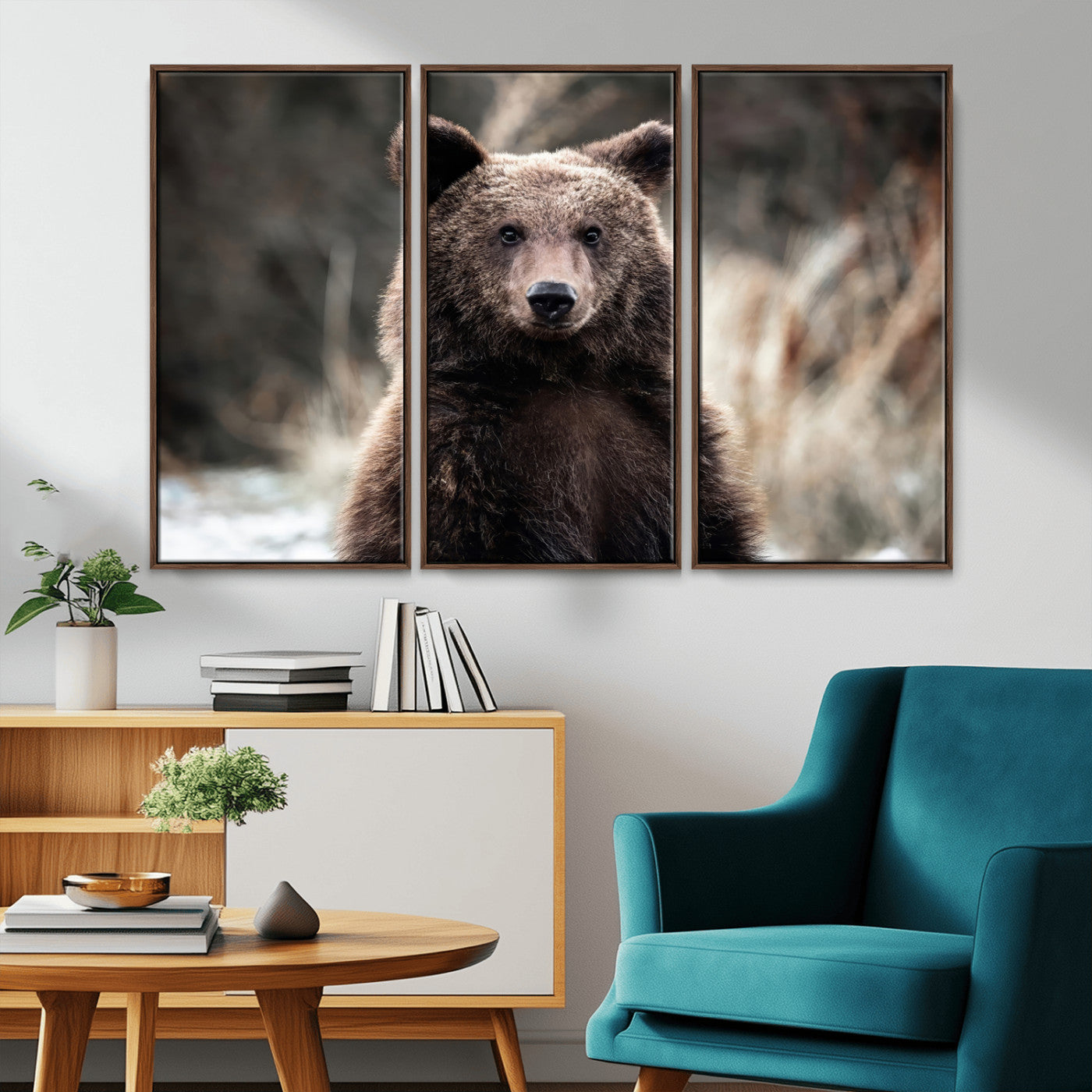 Canvas of a brown bear in soft earthy tones and moody forest light, ideal for rustic cabin or woodland nature-themed home decor.