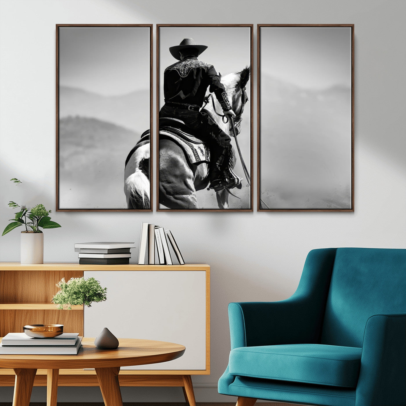 Black and white canvas of a cowboy on horseback with moody tones, perfect for rustic western or country-inspired home decor.