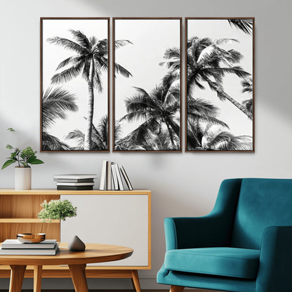 Black and white canvas of tall palm trees in moody tones, perfect for modern tropical minimalist or coastal-style home decor.