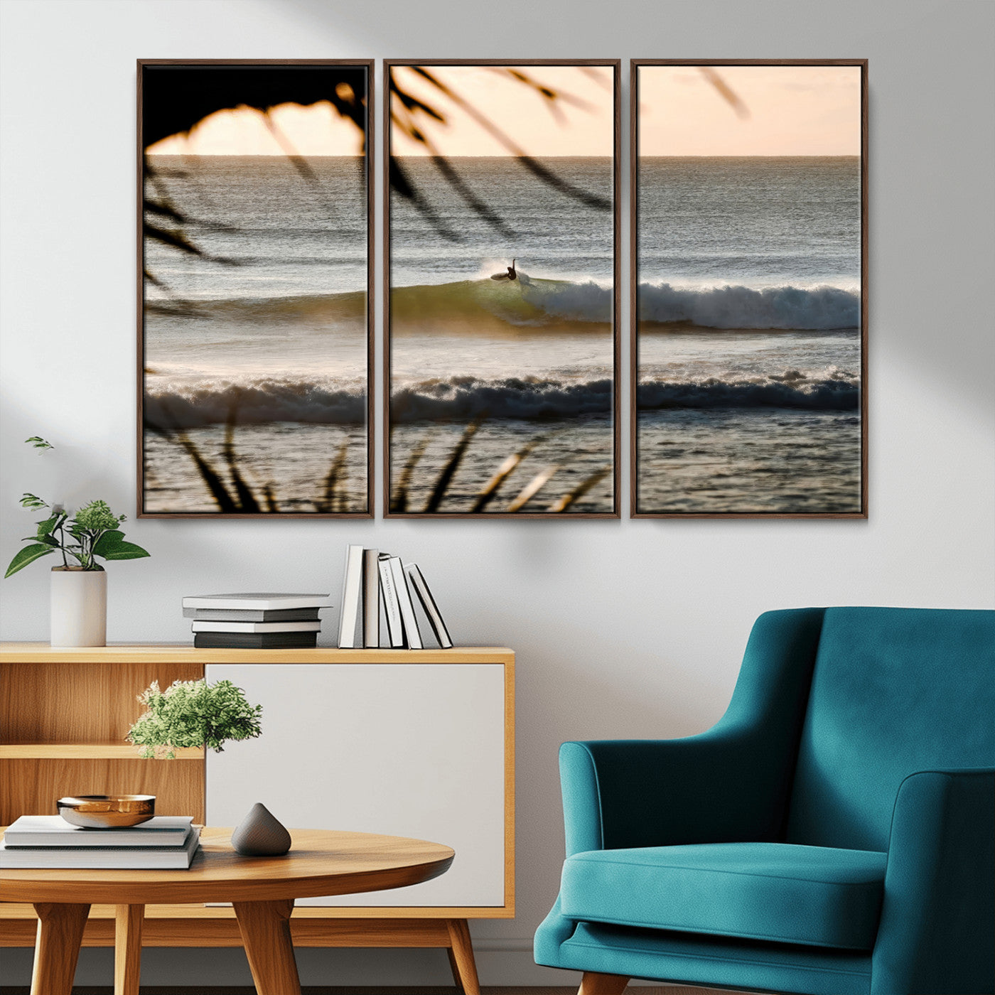 Photo of a surfer riding a golden hour wave at sunset, with tropical tones and dreamy light, perfect for tropical boho or coastal home decor.