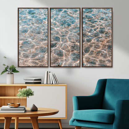 Close-up of sunlit ocean ripples with aqua blue and golden tones, ideal for modern coastal or minimalist home decor.
