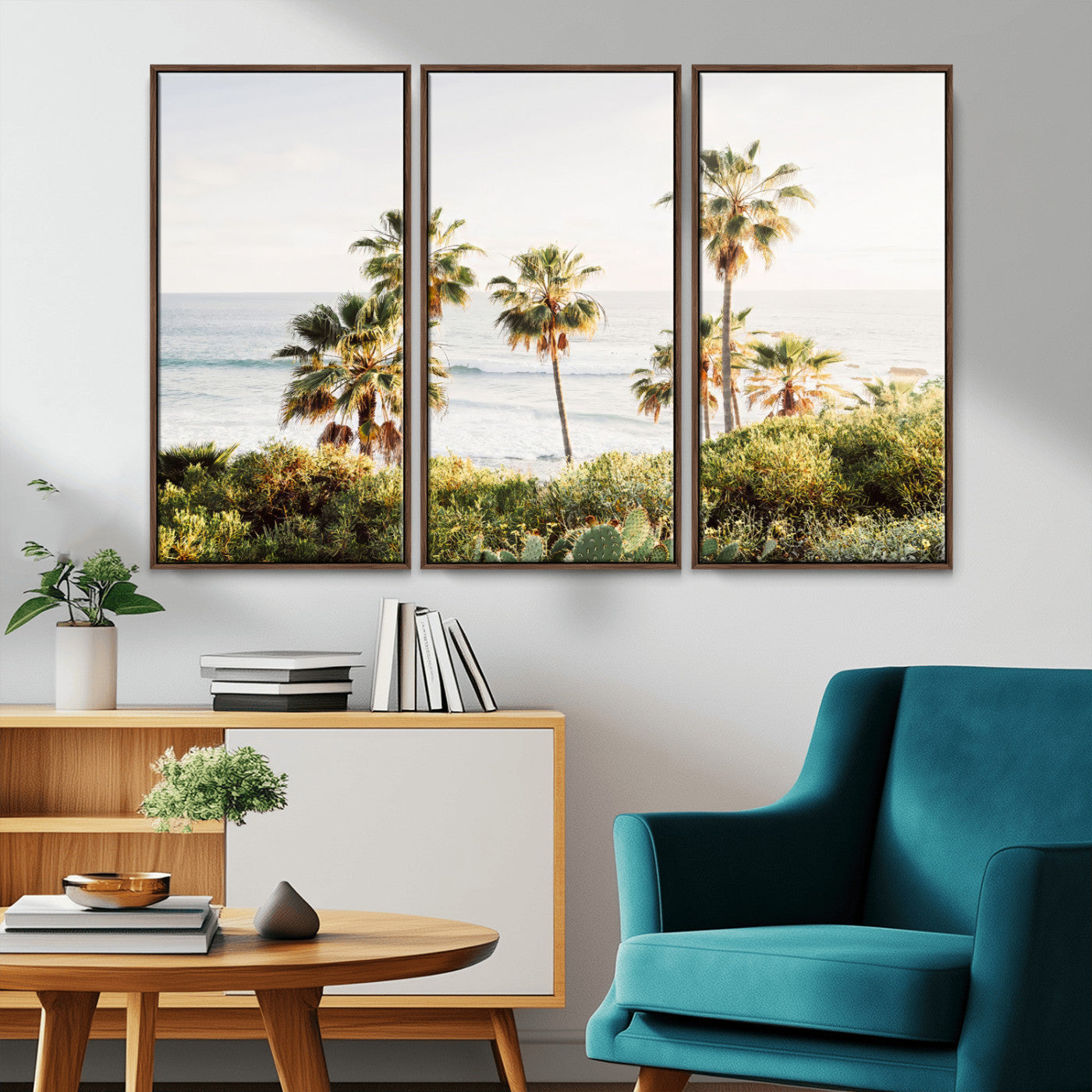 Framed print of sunlit palm trees on the California coast with warm tones, perfect for coastal minimalist or beach-style home decor.
