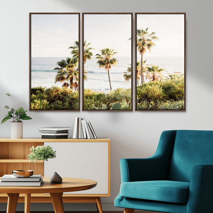 Framed print of sunlit palm trees on the California coast with warm tones, perfect for coastal minimalist or beach-style home decor.