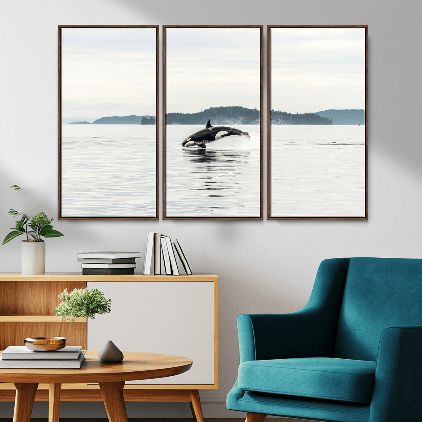 An orca jumping out of calm ocean waters with a misty island in the background, creating a serene and minimalist marine wildlife scene.