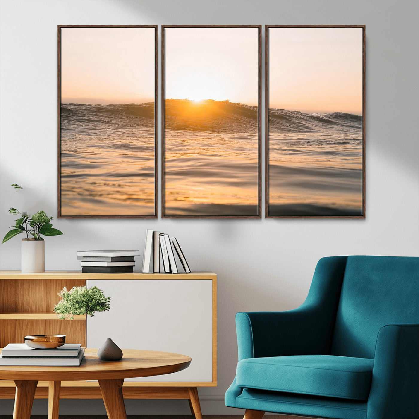 Ocean waves glowing under a warm golden sunset, reflecting soft light and calm movement, perfect for warm minimalist coastal interiors.