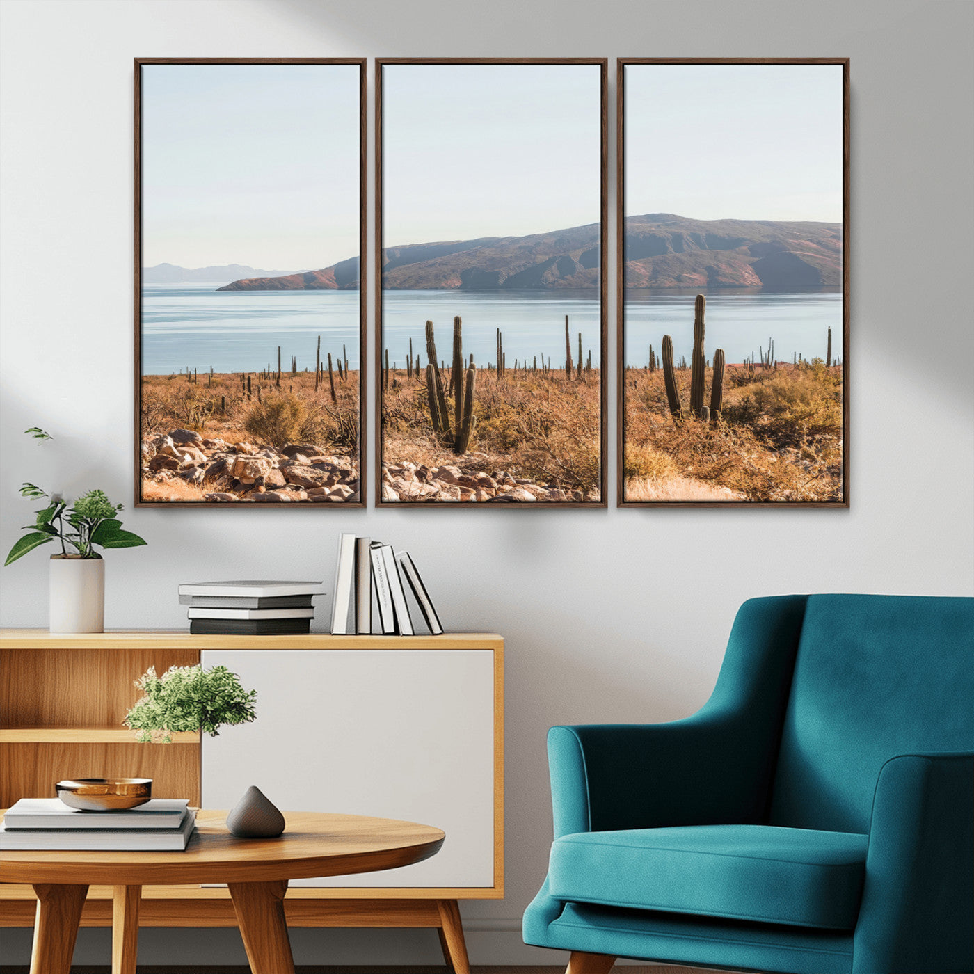 Warm desert landscape with cacti and coastal mountains, perfect for southwestern or earthy calm-themed home wall decor.