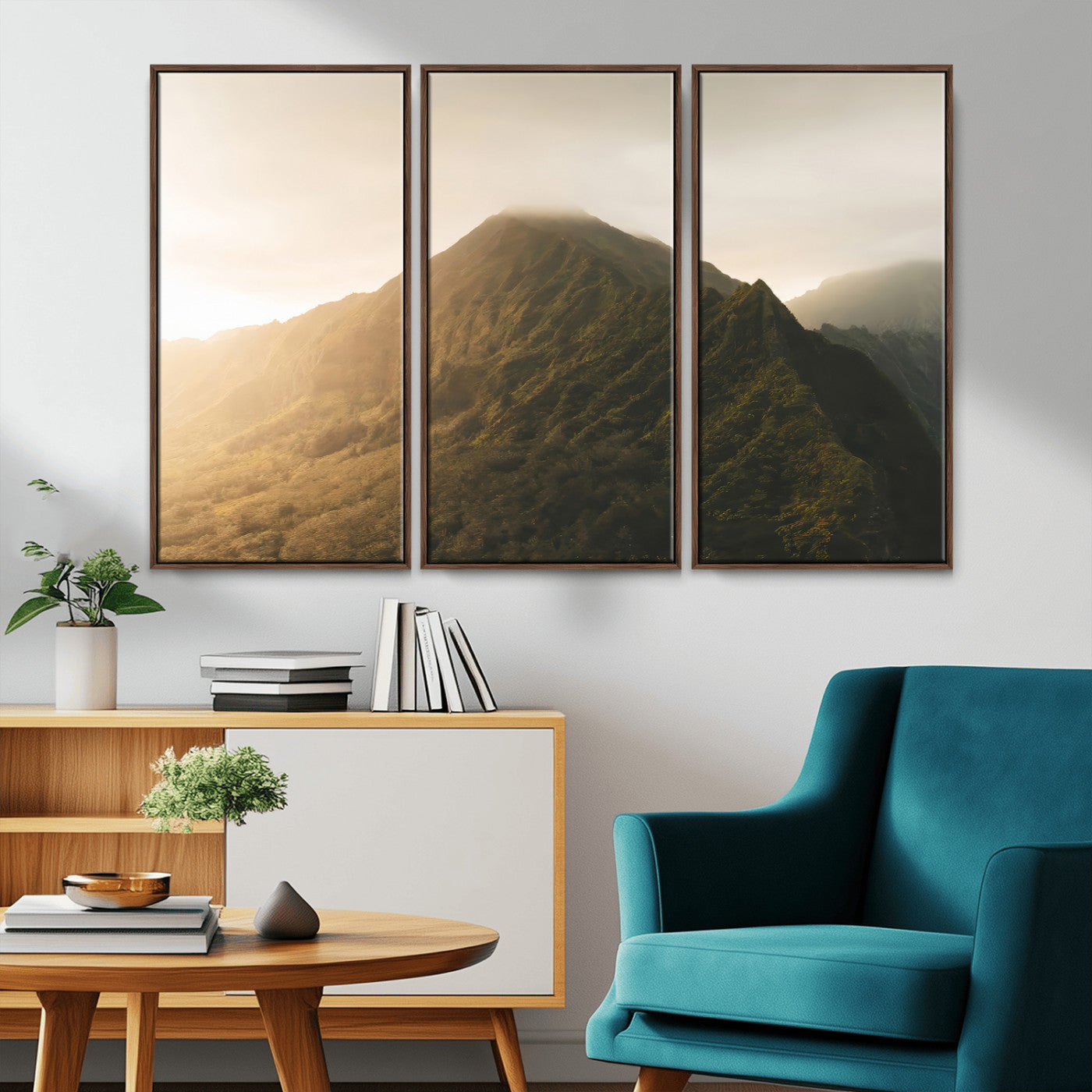 Sunlit mountain peak with mist rolling over its rugged slopes, bathed in golden light, creating a warm and tranquil nature-inspired scene.
