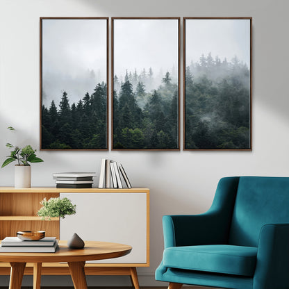A misty evergreen forest shrouded in soft fog, creating a tranquil and moody landscape with lush green trees fading into the distance.