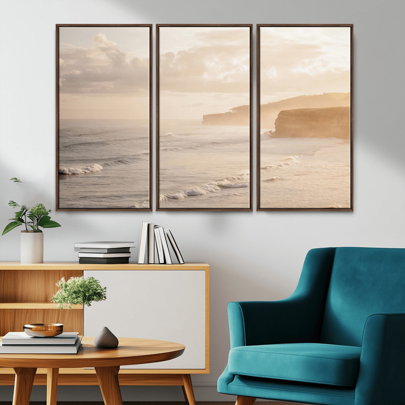 Golden hour seascape with misty cliffs and gentle waves rolling towards the shore, capturing a tranquil and warm coastal atmosphere.