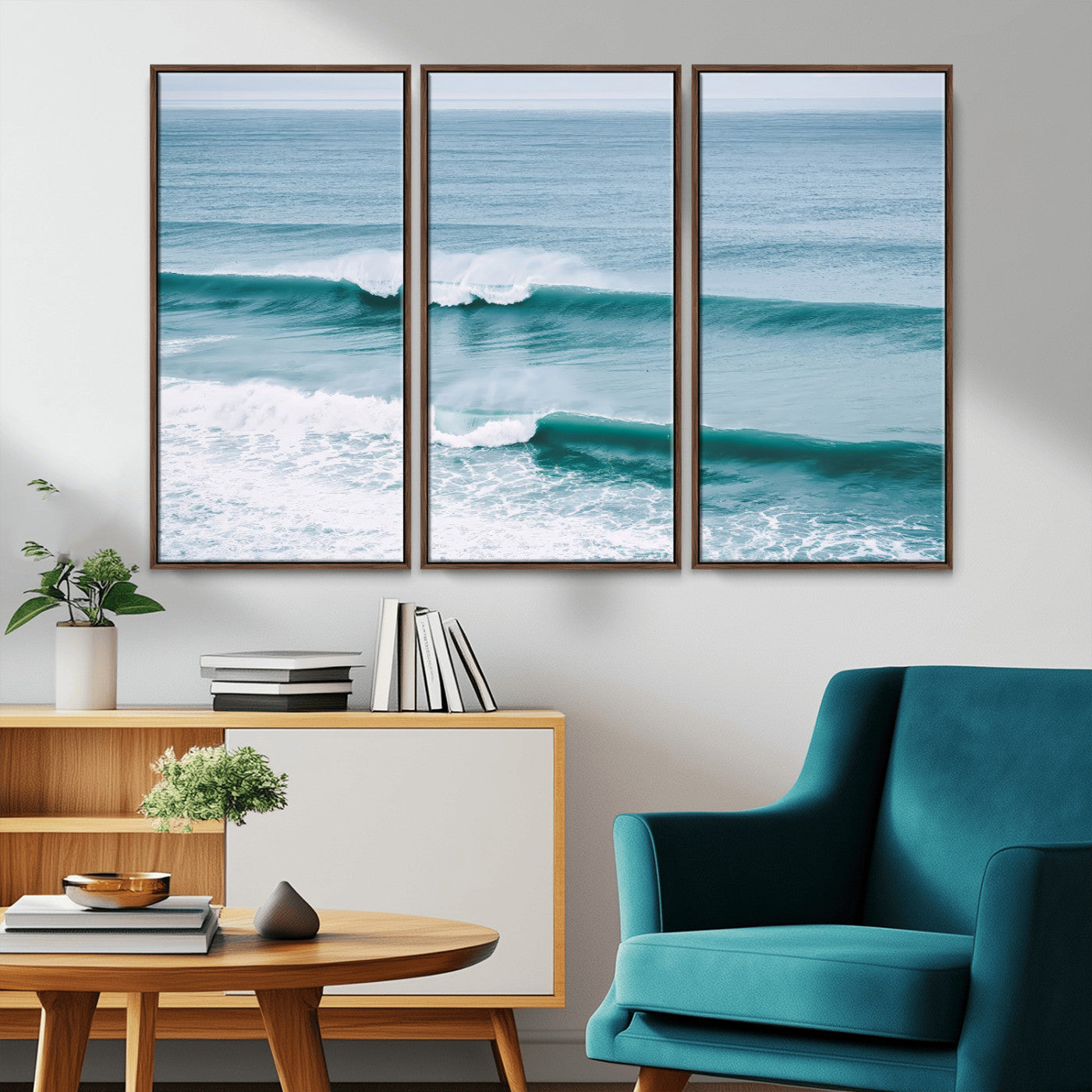 Powerful ocean waves rolling towards the shore, their turquoise hues blending with white sea foam under an open horizon, capturing the essence of the ocean's movement.