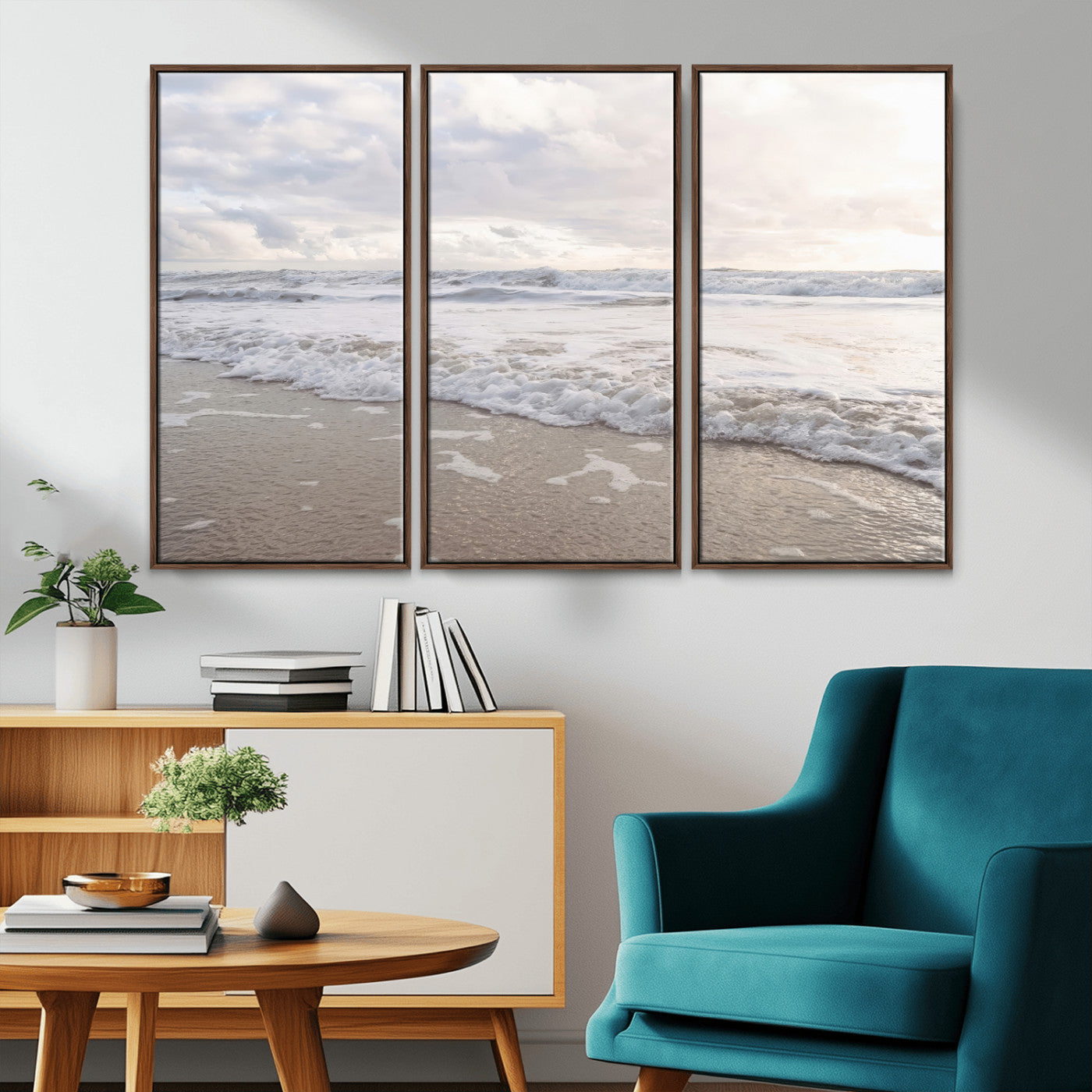 Peaceful ocean waves rolling onto the sandy shore under soft light, perfect for neutral or coastal minimalist decor themes.