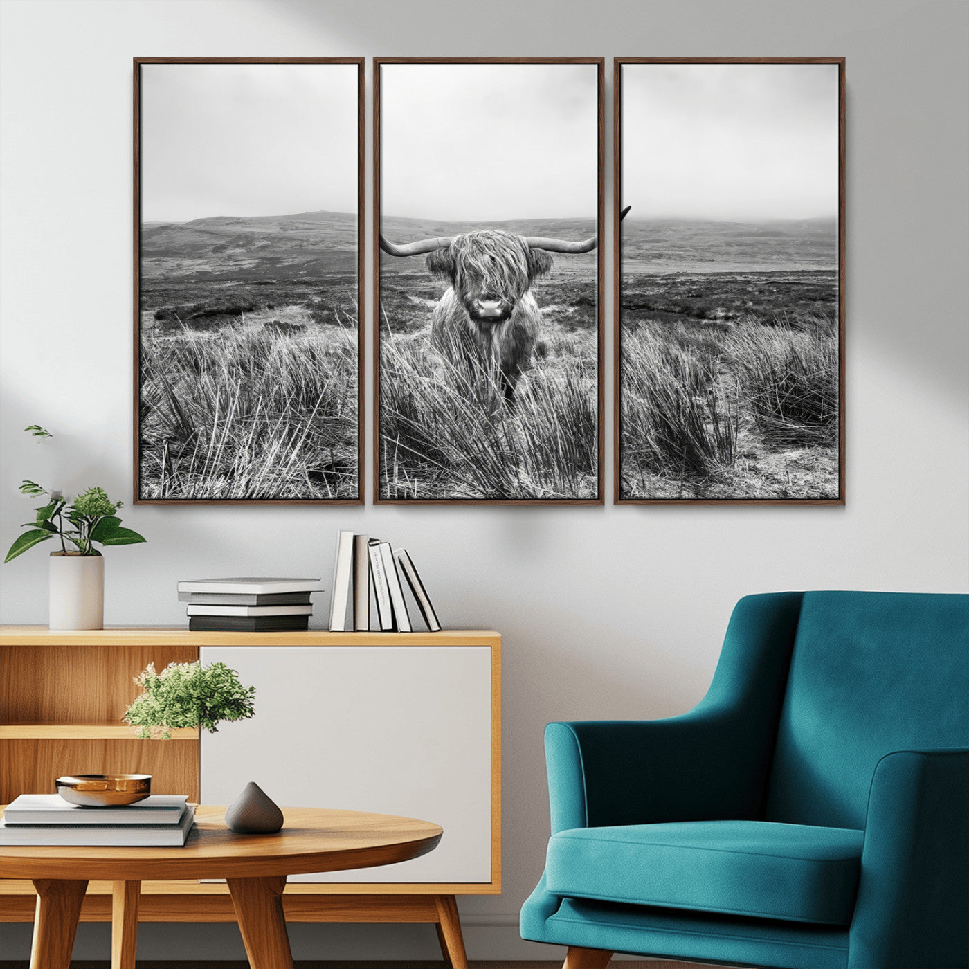 A black and white portrait of a Highland cow in a foggy Scottish countryside, capturing a rustic aesthetic and tranquil farm escape.