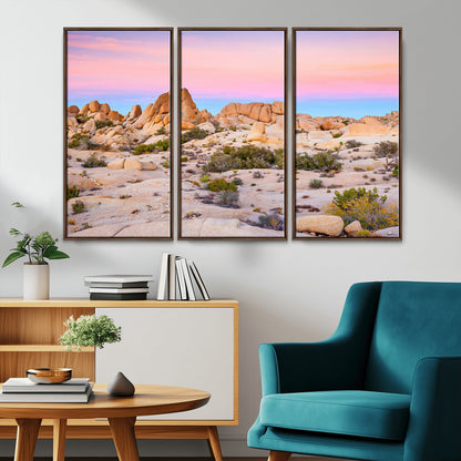 A breathtaking desert landscape featuring rugged rock formations under a vibrant pastel sunset sky, capturing the warmth and serenity of a Southwestern wilderness.