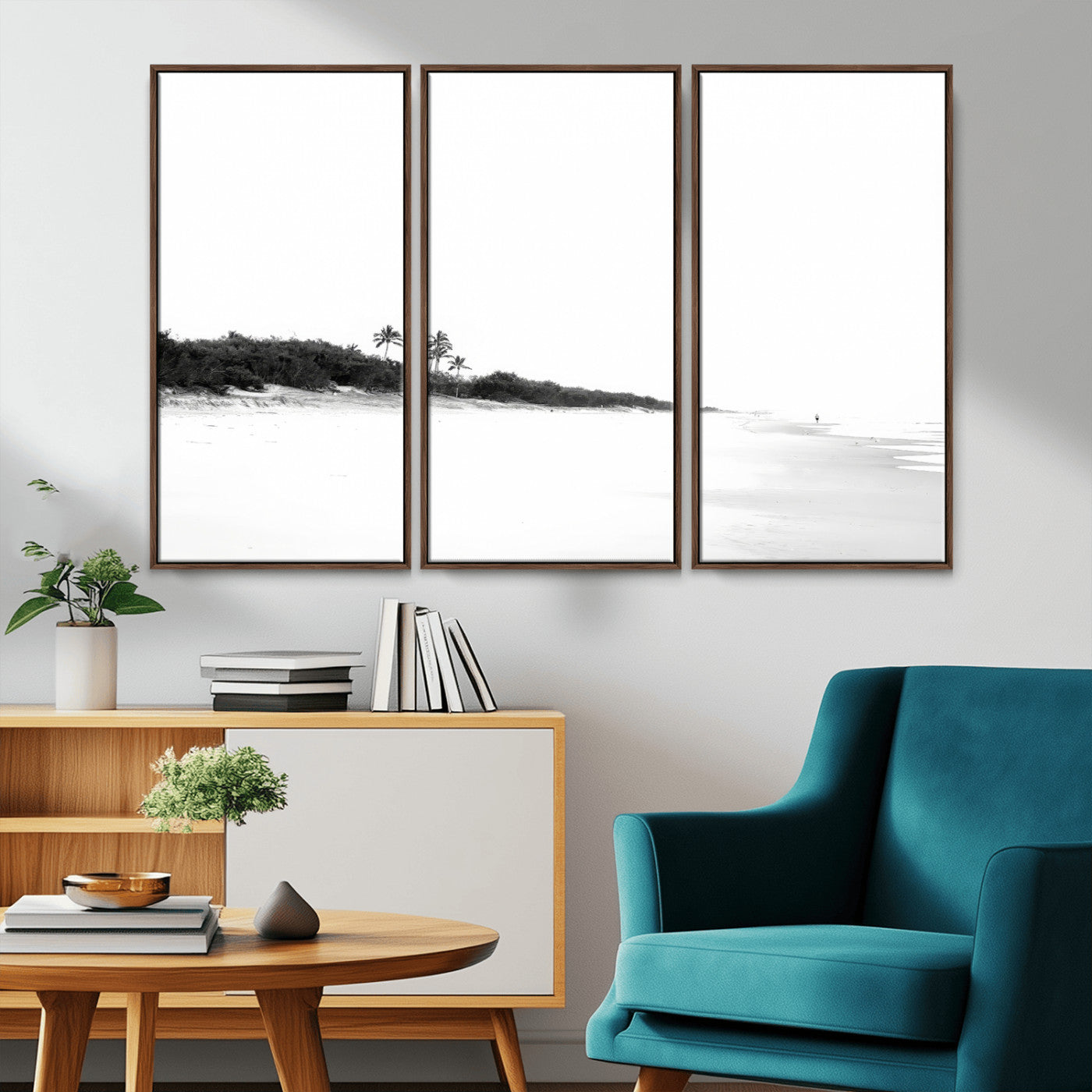 A black and white minimalist coastal scene with a vast open beach, distant palm trees, and a lone figure walking along the shoreline, evoking serenity and solitude.