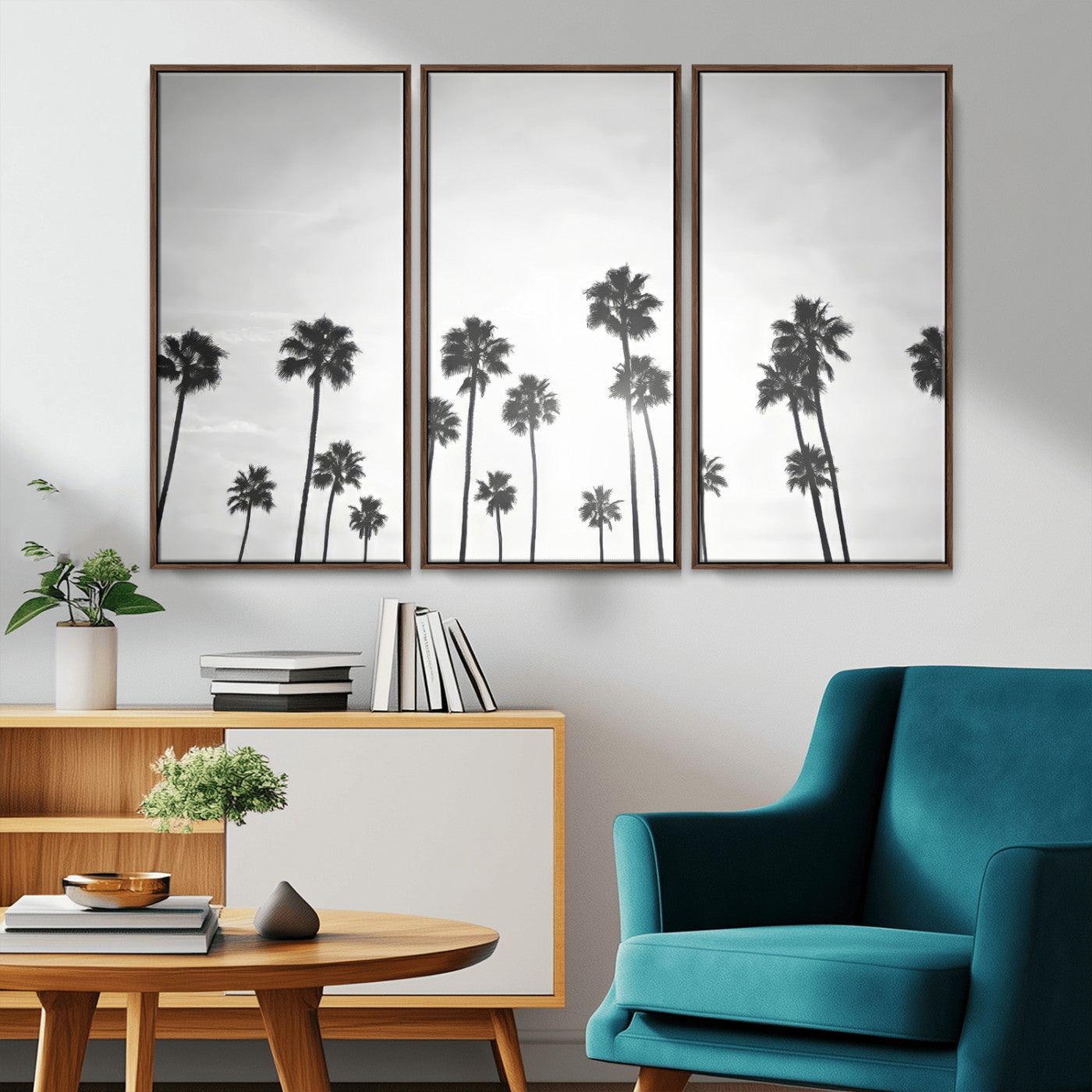 A black and white minimalist scene featuring tall palm trees silhouetted against a bright sky, creating a dreamy and timeless tropical aesthetic.