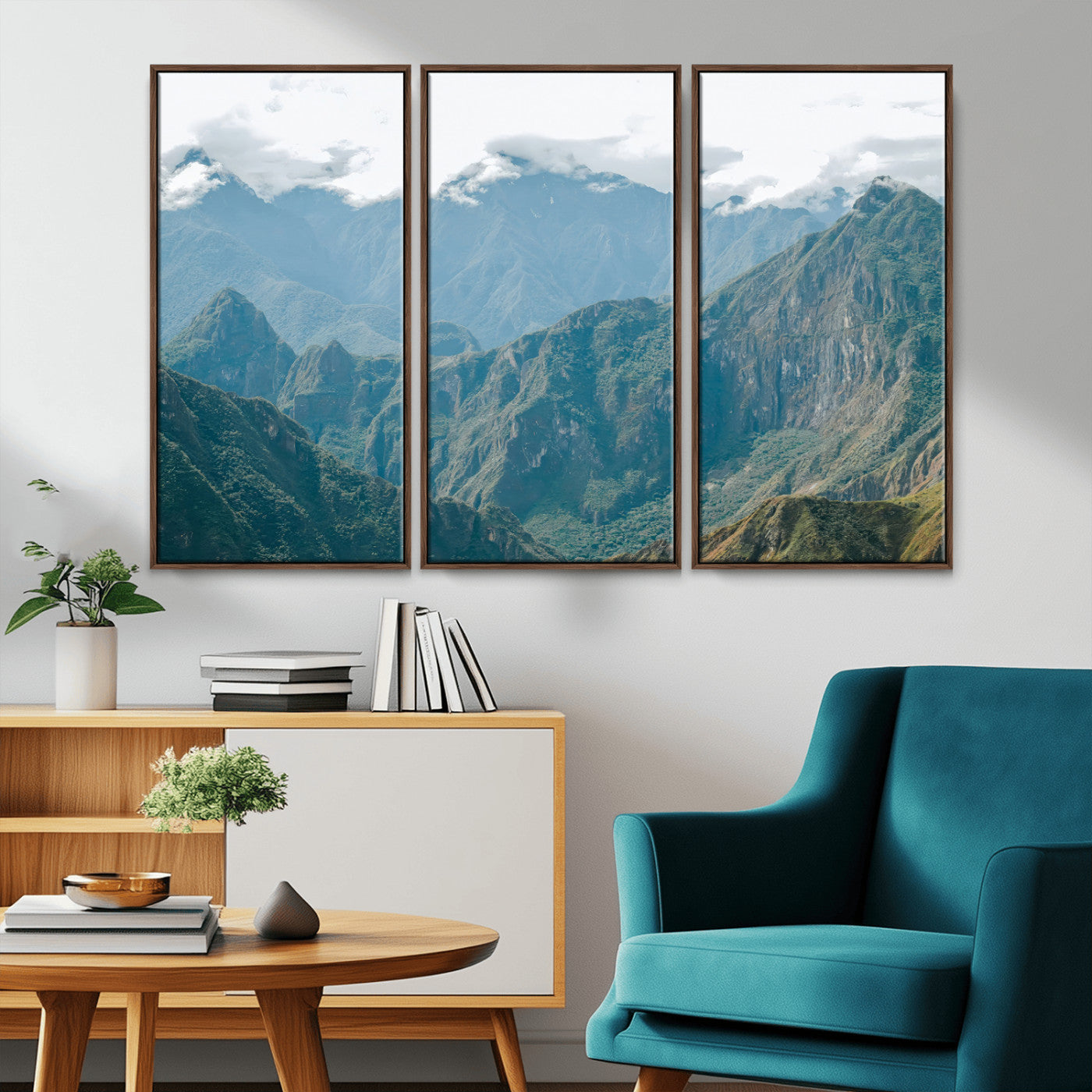 A misty mountain landscape with cloud-covered Andean peaks and lush green valleys, creating a dramatic and serene view, perfect for rustic or nature-inspired home decor.