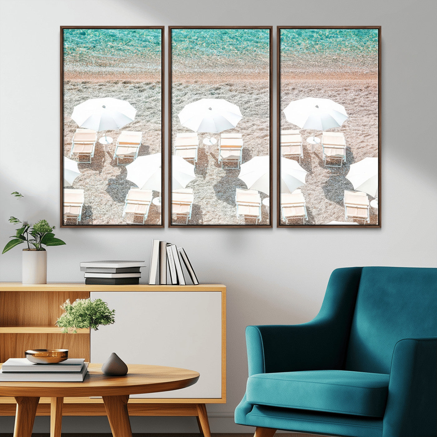 A bright beach scene with white umbrellas, pastel sand, and turquoise waters, creating a tranquil coastal vibe, perfect for beach house or summer decor.