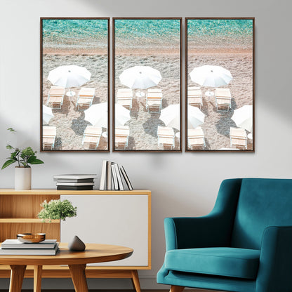 A bright beach scene with white umbrellas, pastel sand, and turquoise waters, creating a tranquil coastal vibe, perfect for beach house or summer decor.