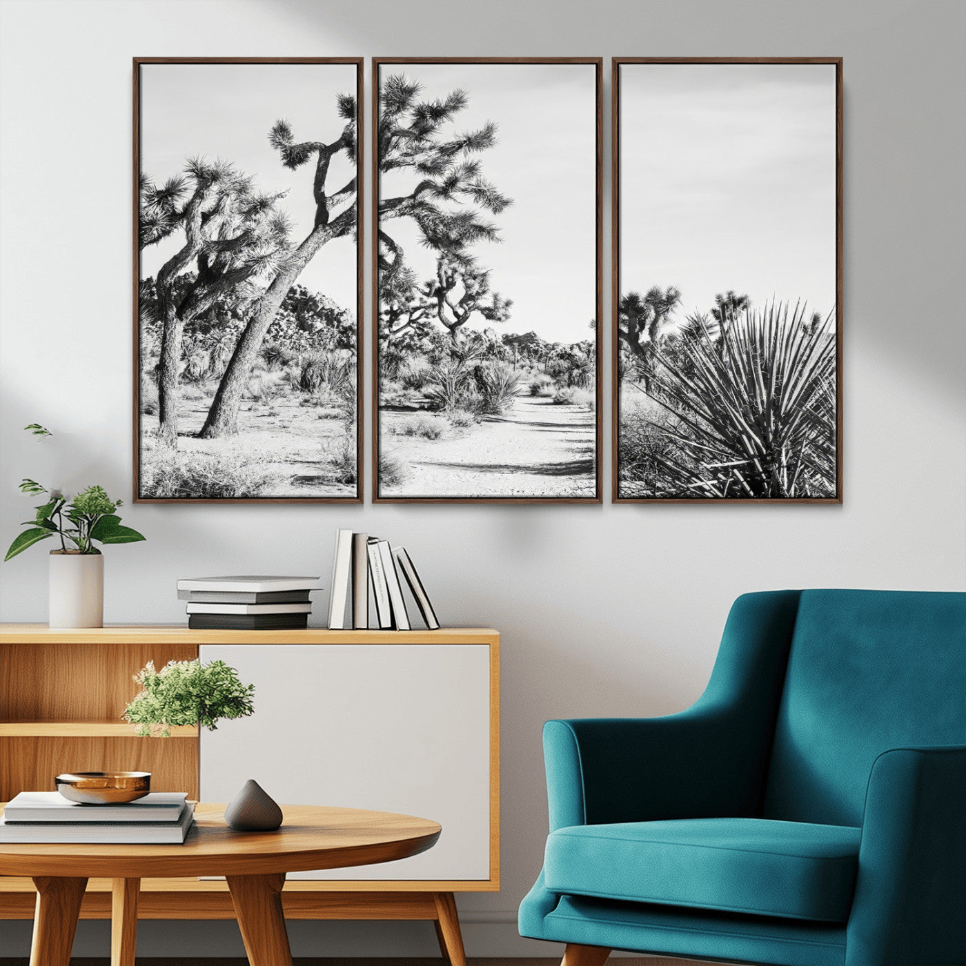 Canvas of a Joshua Tree forest in black and white tones, featuring a desert path and spiky vegetation, ideal for minimalist or rustic decor.