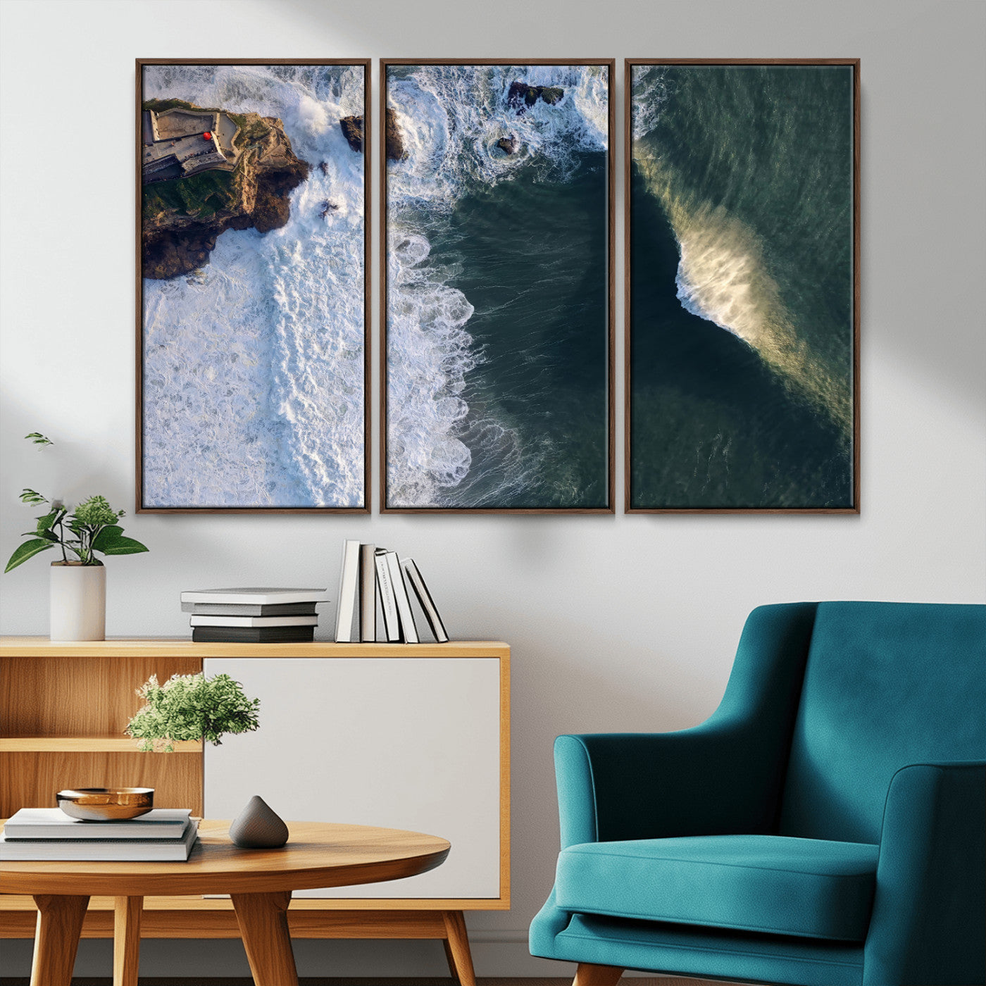 Canvas showing an aerial view of crashing waves along the Nazaré coastline, perfect for dramatic coastal or ocean-themed home decor.