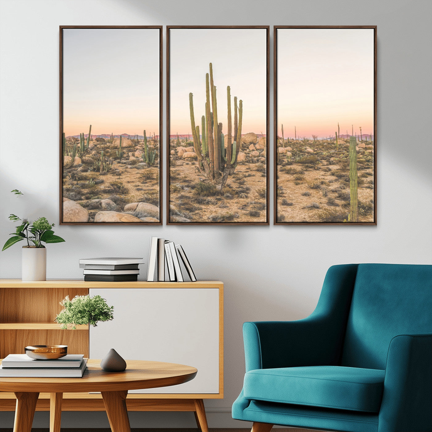 Canvas of tall desert cacti in warm sunset tones over a rocky Baja landscape, ideal for earthy or Southwestern-style home decor.