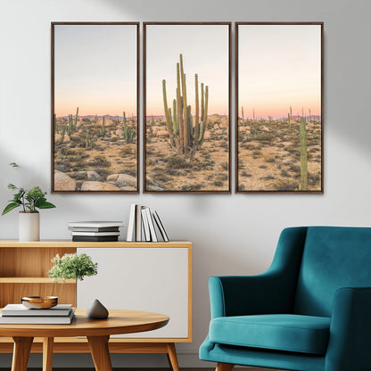 Canvas of tall desert cacti in warm sunset tones over a rocky Baja landscape, ideal for earthy or Southwestern-style home decor.