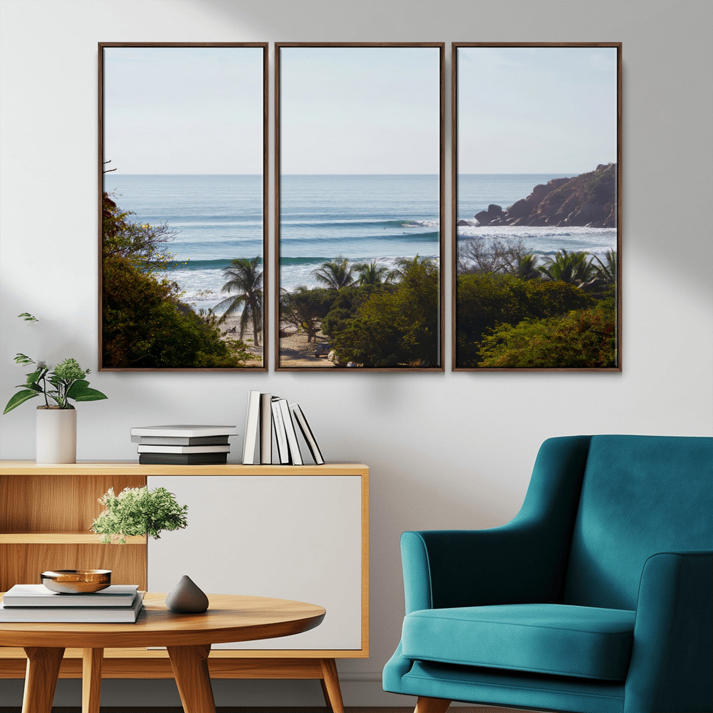 View of calm ocean waves with palm trees and a tropical coastline, ideal for coastal boho or beach-themed wall decor.