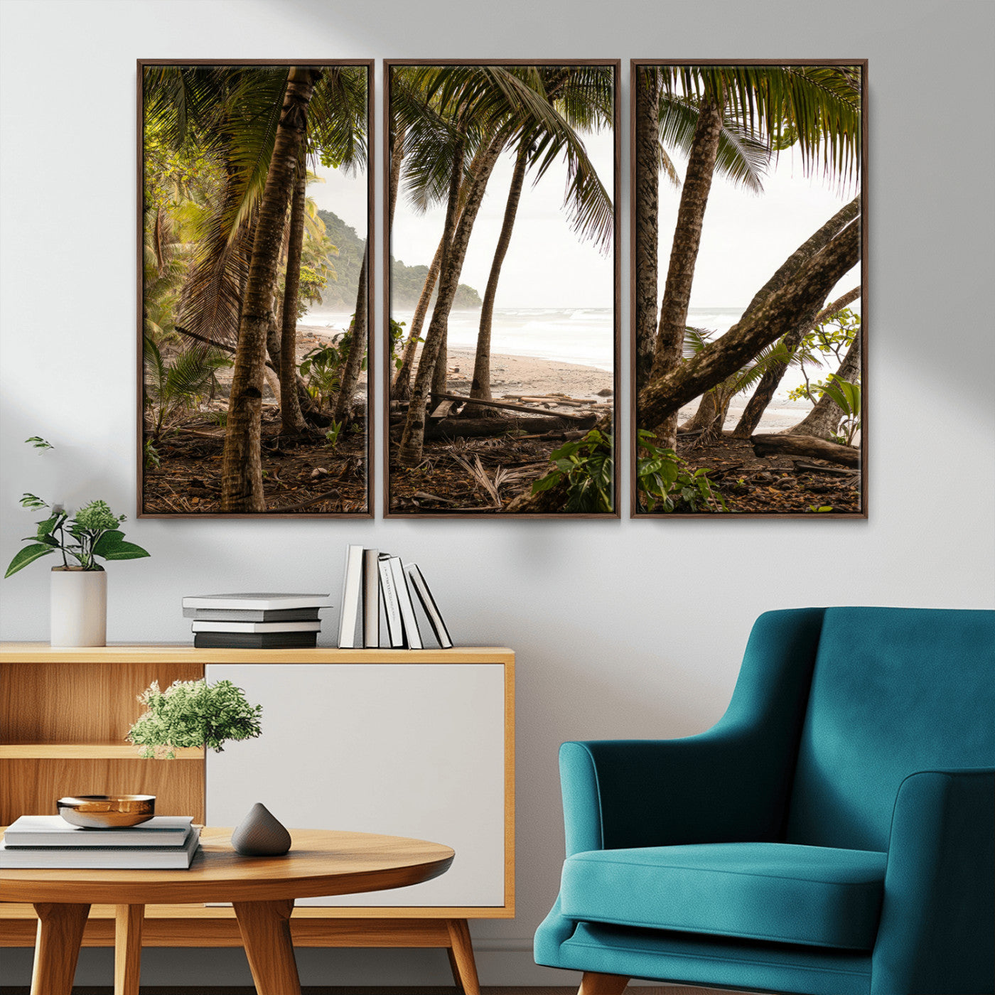 Dense tropical palm trees framing a sandy beach and ocean shore, ideal for jungle or coastal themed interior wall decor.