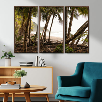 Dense tropical palm trees framing a sandy beach and ocean shore, ideal for jungle or coastal themed interior wall decor.