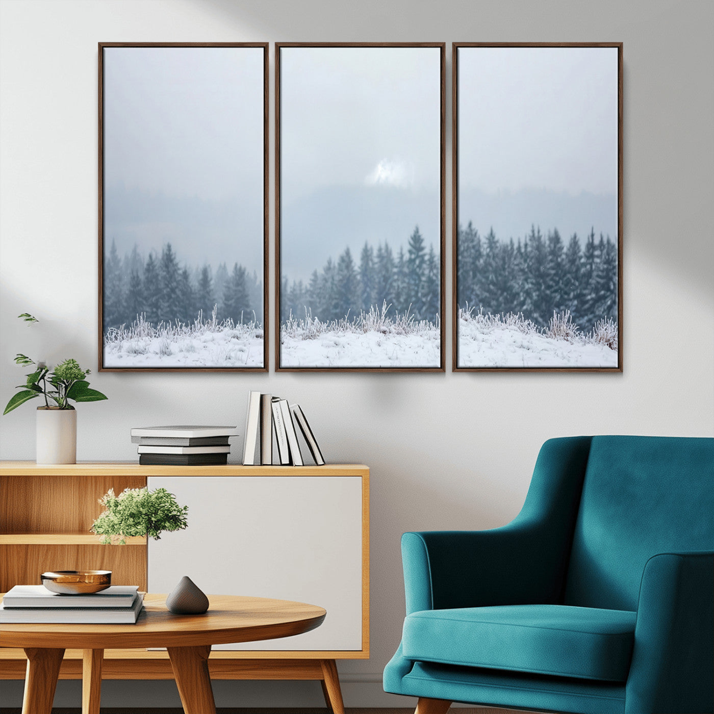 Snow-covered forest under misty sky, soft light breaking through clouds, ideal for minimalist or Nordic-inspired home decor.