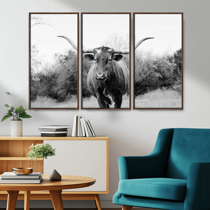Black and white photo of a longhorn cow in a field, perfect for rustic farmhouse or western-themed interior wall decoration.