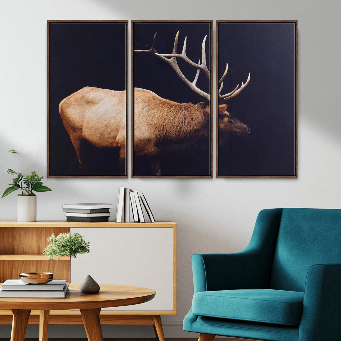 Side view of a majestic elk with large antlers against dark background, perfect for rustic lodge or cabin style home decoration.
