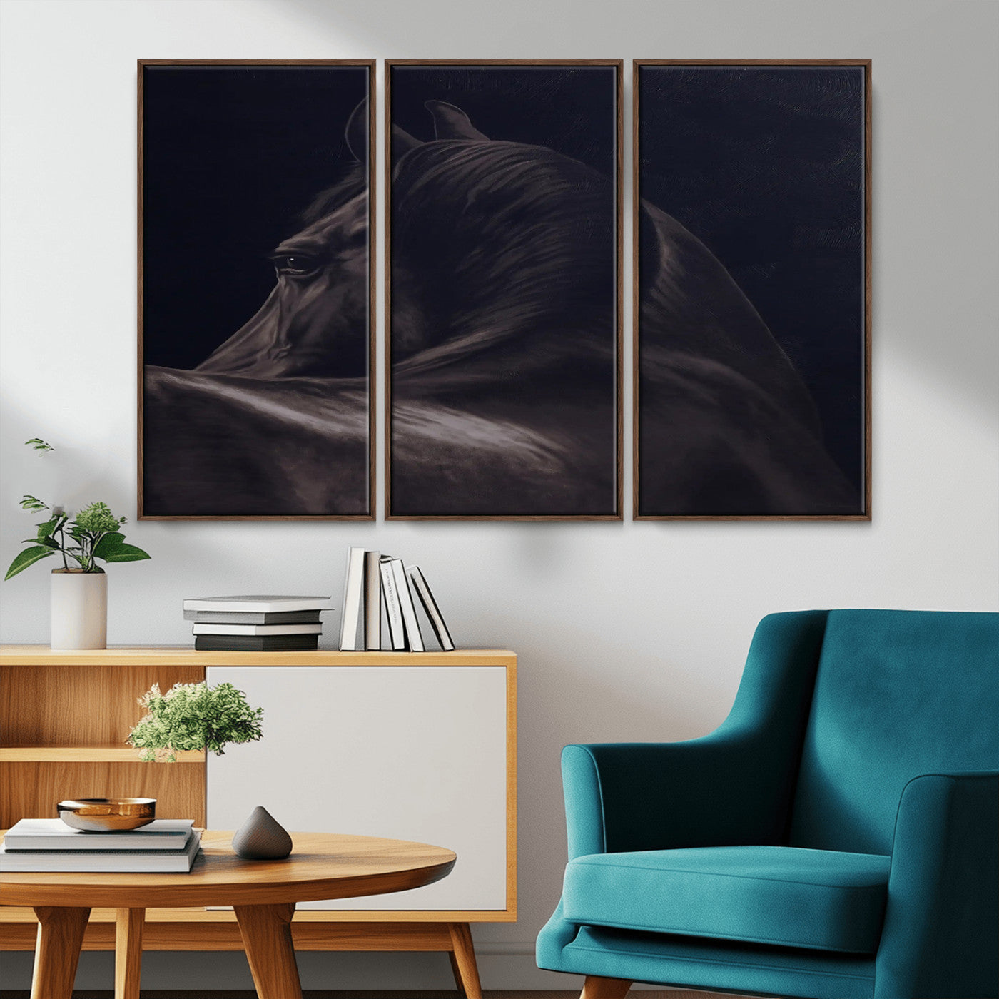 Close-up of a black horse with dramatic lighting on a dark background, perfect for rustic or masculine home decor.