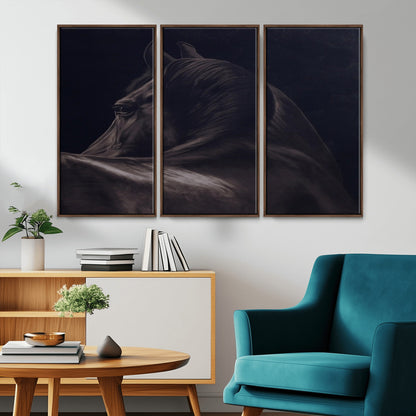 Close-up of a black horse with dramatic lighting on a dark background, perfect for rustic or masculine home decor.