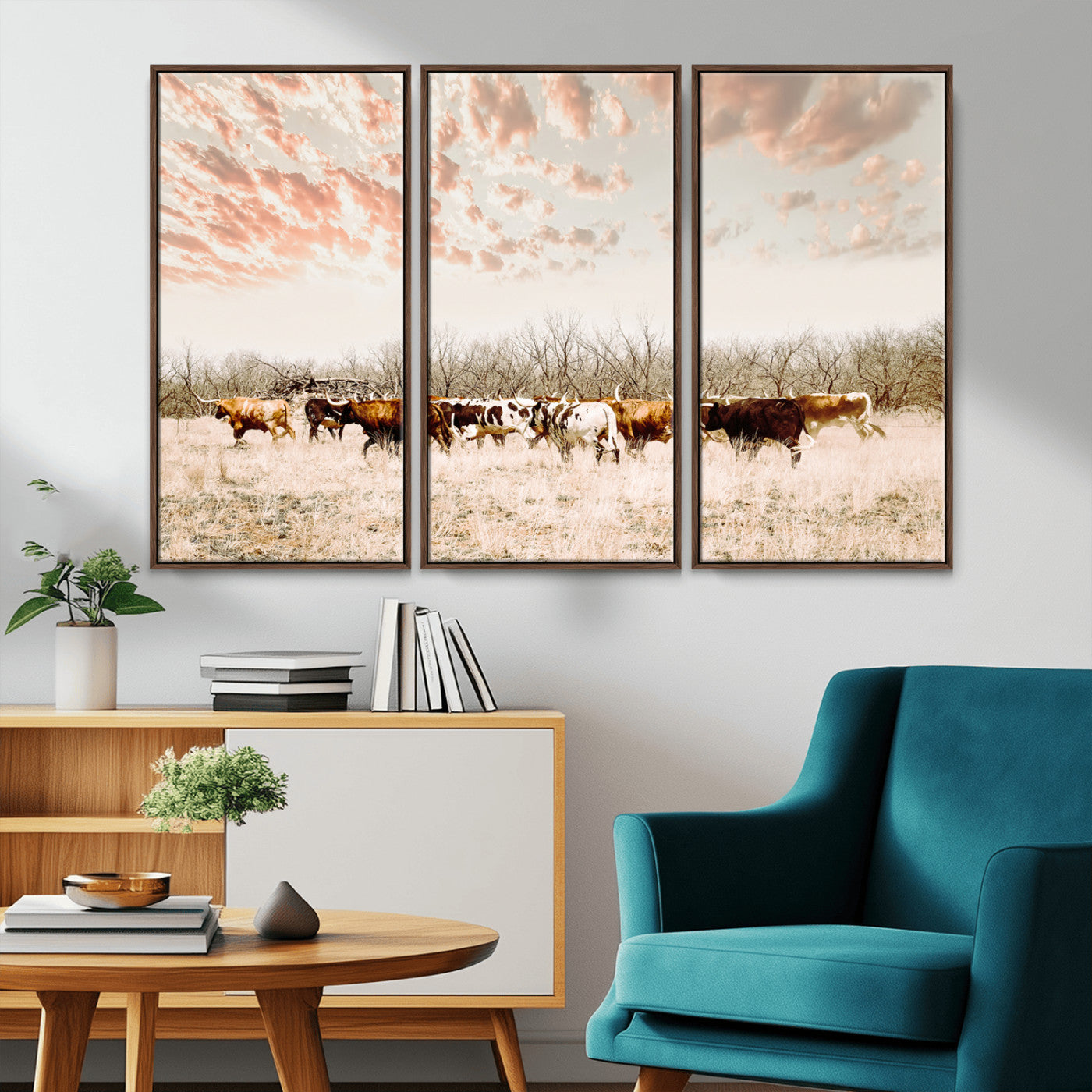 Cattle herd in a soft-toned field under a pastel pink sky, creating a peaceful rustic feel, perfect for farmhouse or western-themed spaces.