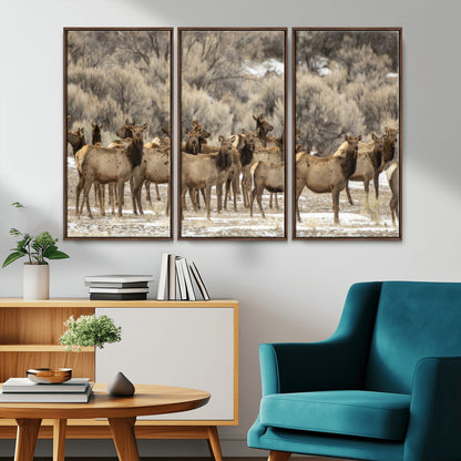 A large herd of elk standing in an open field with soft earthy tones, ideal for rustic lodge or western-themed home wall decor.