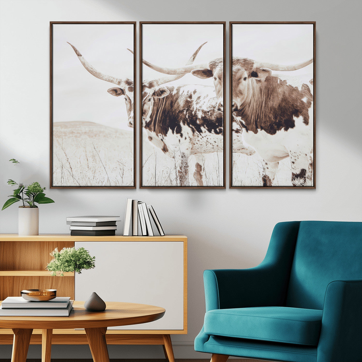 Two longhorn cows standing in a sepia-toned pasture with soft light, ideal for rustic or farmhouse-themed neutral wall decor.