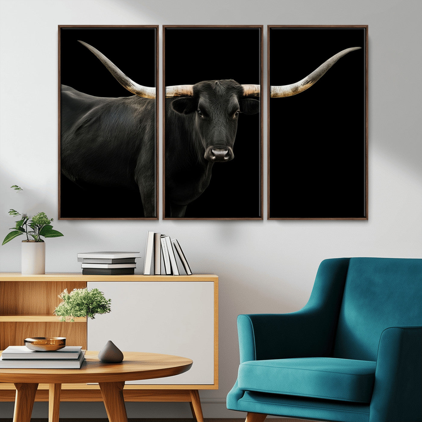Close-up of a black Texas longhorn with large curved horns on black background, ideal for rustic farmhouse or modern western interiors.