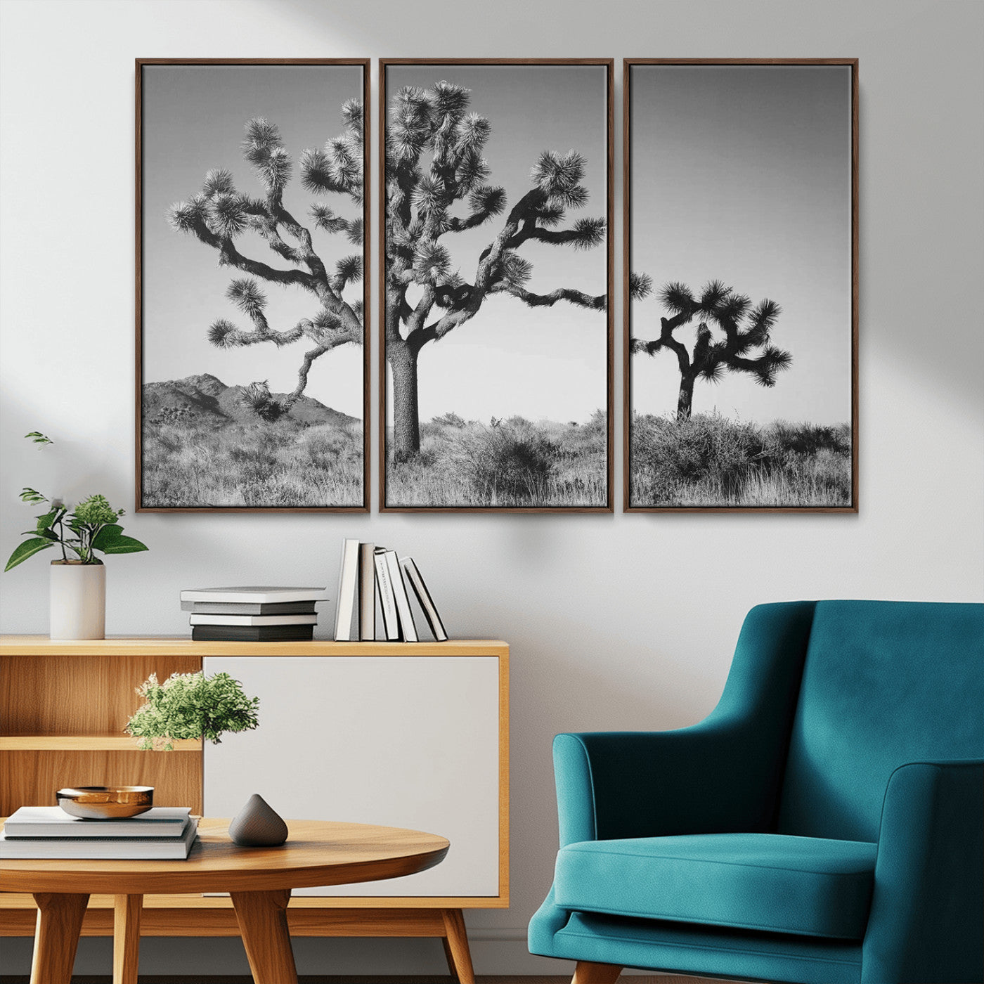 Black and white Joshua trees in a rugged desert landscape, creating a calm and minimalist feel for natural or rustic-themed interiors.