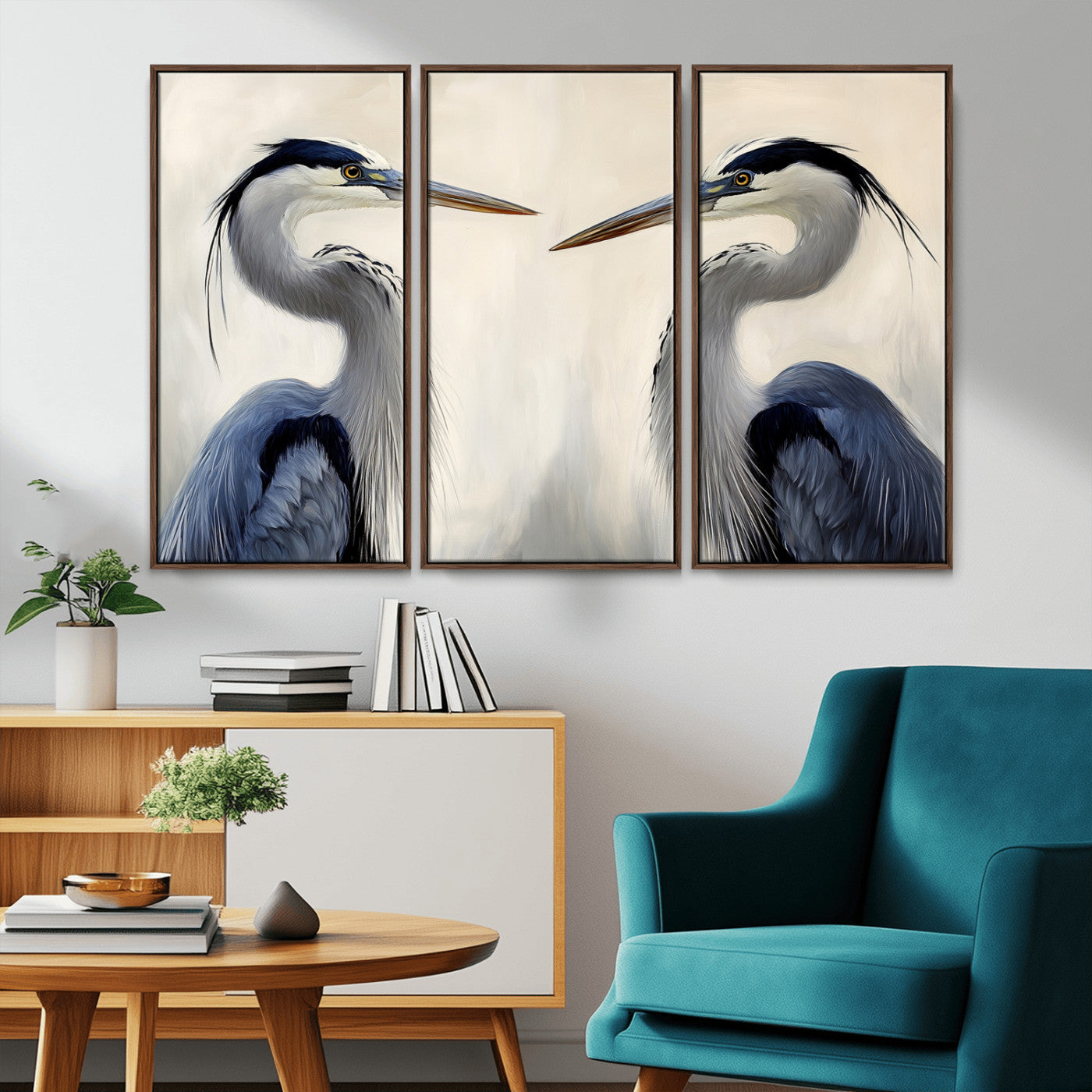 Two blue herons facing each other on a soft neutral background, ideal for coastal, tranquil, or nature-inspired minimalist interiors.