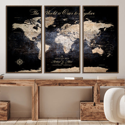 '-Customize Push Pin World Map Wall Canvas Print, Personalized Travel Tracker with Pins, Framed Large Canvas for Home Office Decor - H37