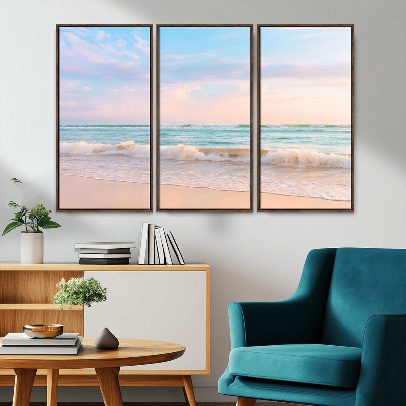 A peaceful beach scene with soft pastel skies, gentle waves washing up on the sandy shore, creating a calm and serene ocean view.