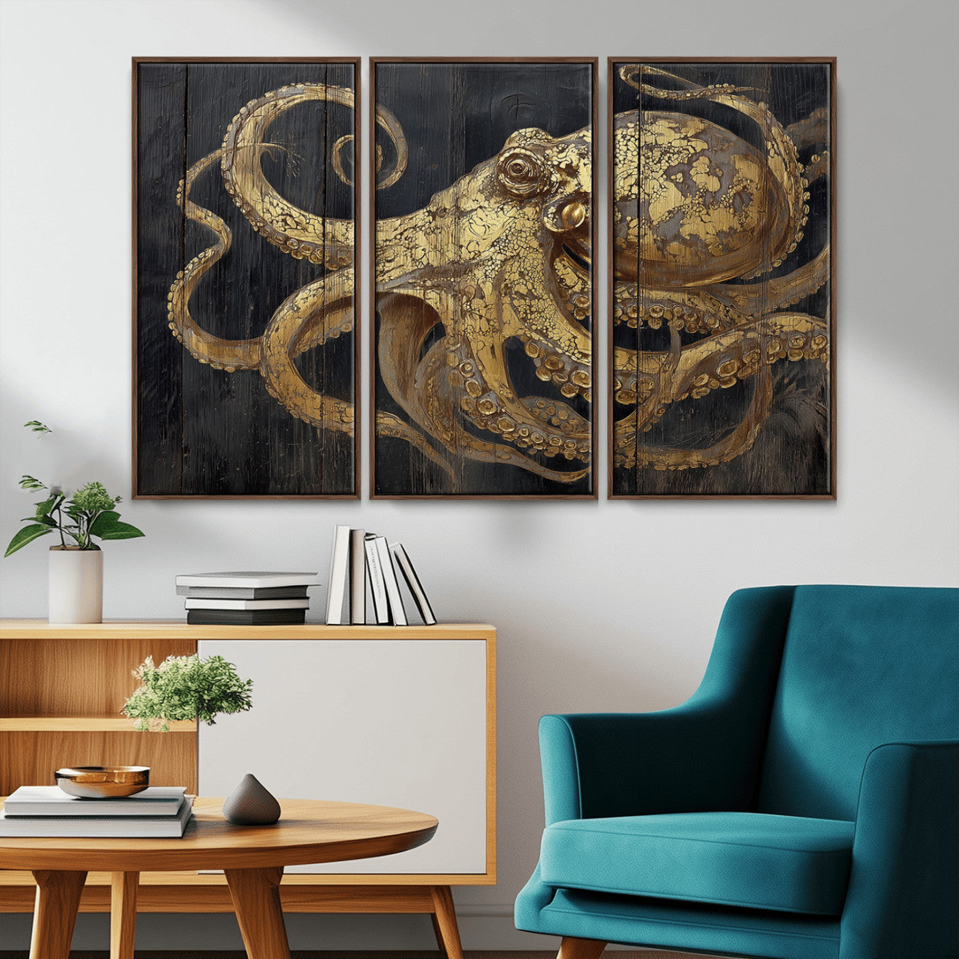 A detailed gold illustration of an octopus on black wooden planks, showing its intricate tentacles and textured skin in an artistic style.