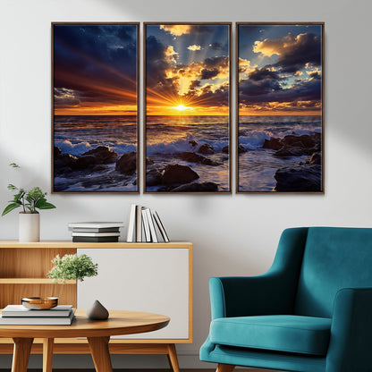 An explosive sunset over the ocean with dramatic clouds and rays of sunlight reflecting off the water, creating a vibrant and captivating view.